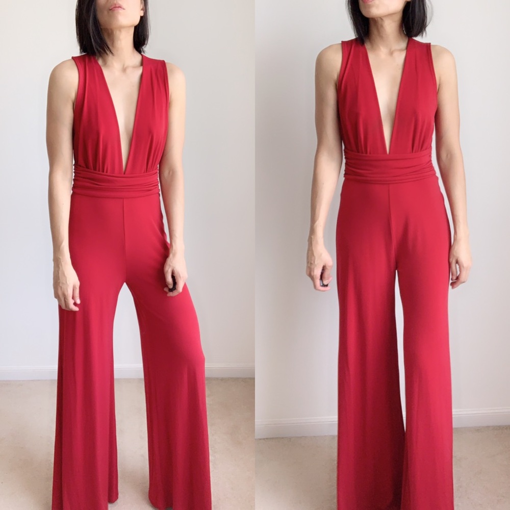 Deep V  Neckline Jumpsuit RED - Picture 2 of 7